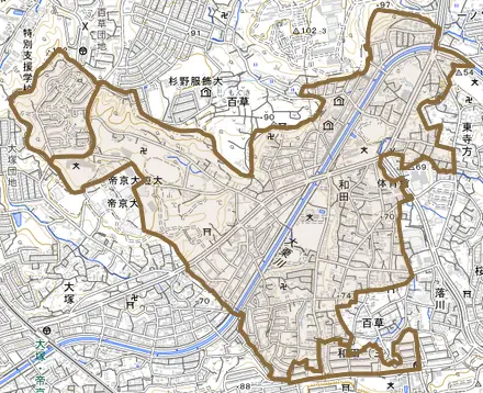 和田とその周辺の地図。町の範囲を重ねている
