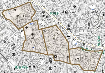 千早とその周辺の地図。町の範囲を重ねている