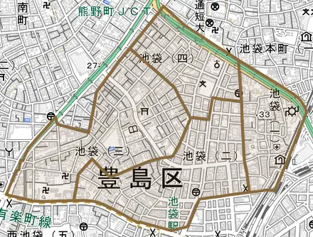 池袋とその周辺の地図。町の範囲を重ねている