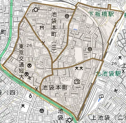 池袋本町とその周辺の地図。町の範囲を重ねている