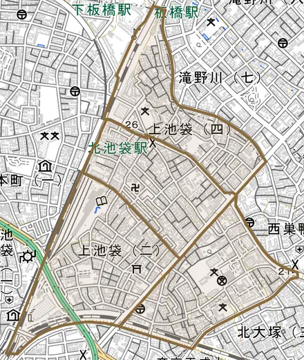 上池袋とその周辺の地図。町の範囲を重ねている