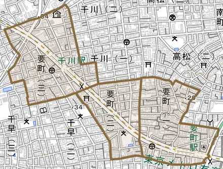 要町とその周辺の地図。町の範囲を重ねている