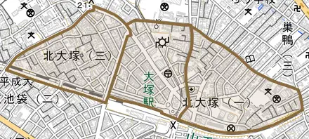 北大塚とその周辺の地図。町の範囲を重ねている