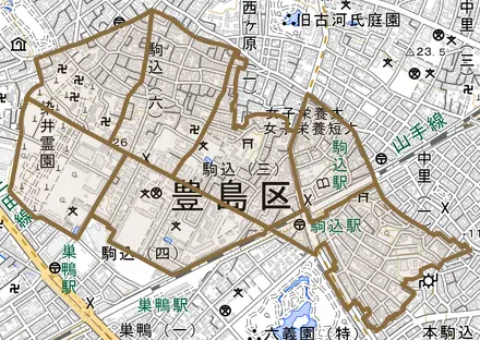 駒込とその周辺の地図。町の範囲を重ねている