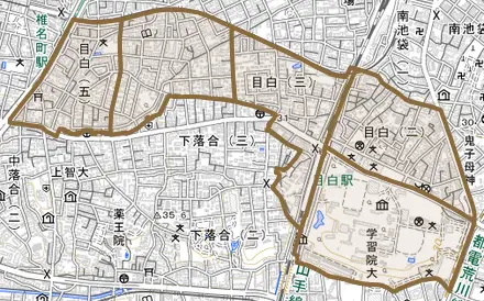 目白とその周辺の地図。町の範囲を重ねている