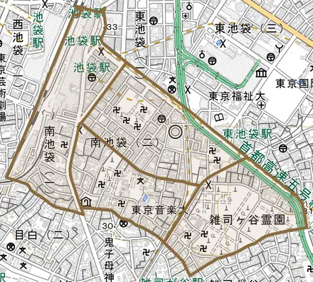南池袋とその周辺の地図。町の範囲を重ねている