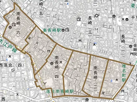 南長崎とその周辺の地図。町の範囲を重ねている