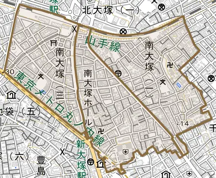 南大塚とその周辺の地図。町の範囲を重ねている