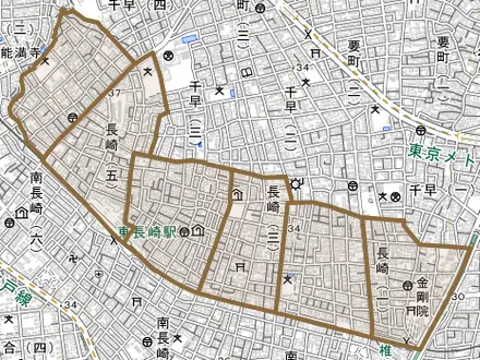 長崎とその周辺の地図。町の範囲を重ねている
