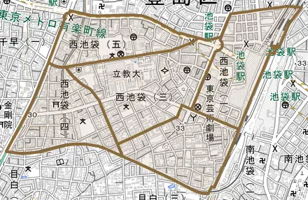 西池袋とその周辺の地図。町の範囲を重ねている