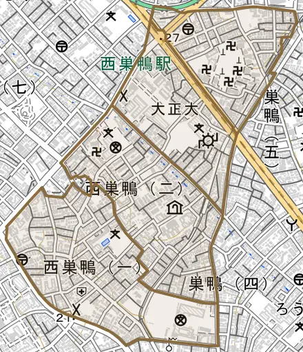 西巣鴨とその周辺の地図。町の範囲を重ねている