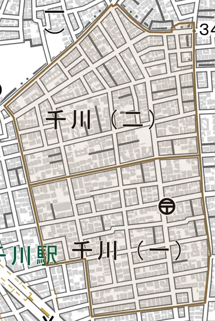 千川とその周辺の地図。町の範囲を重ねている