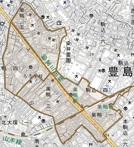 巣鴨とその周辺の地図。町の範囲を重ねている