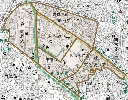 東池袋とその周辺の地図。町の範囲を重ねている