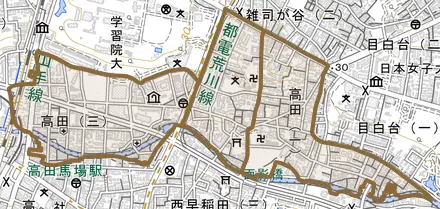 高田とその周辺の地図。町の範囲を重ねている