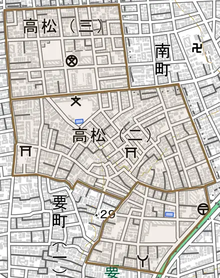 高松とその周辺の地図。町の範囲を重ねている