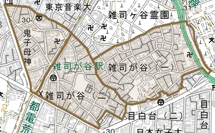 雑司が谷とその周辺の地図。町の範囲を重ねている