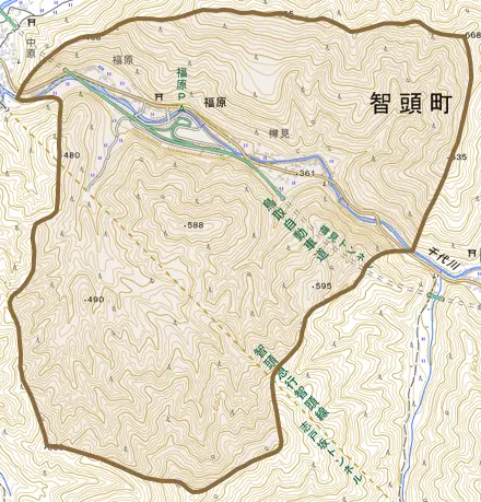大字福原とその周辺の地図。町の範囲を重ねている