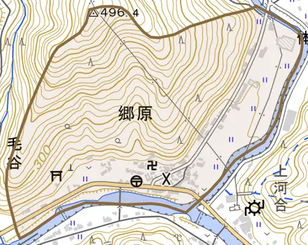 大字郷原とその周辺の地図。町の範囲を重ねている