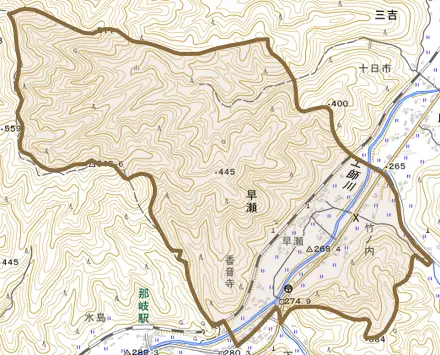 大字早瀬とその周辺の地図。町の範囲を重ねている