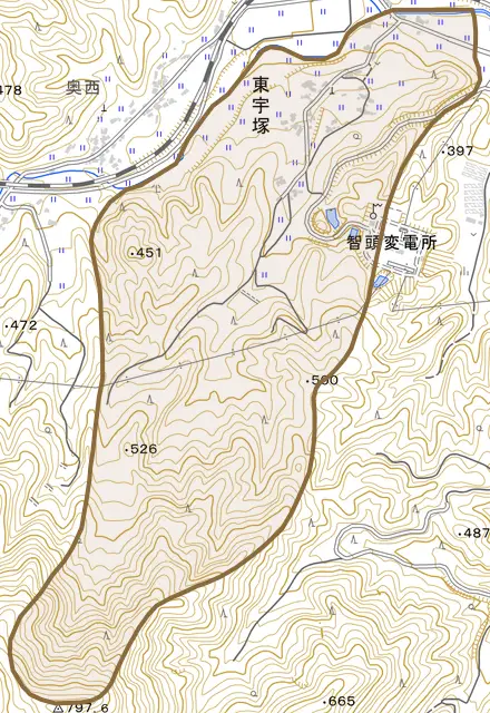 大字東宇塚とその周辺の地図。町の範囲を重ねている