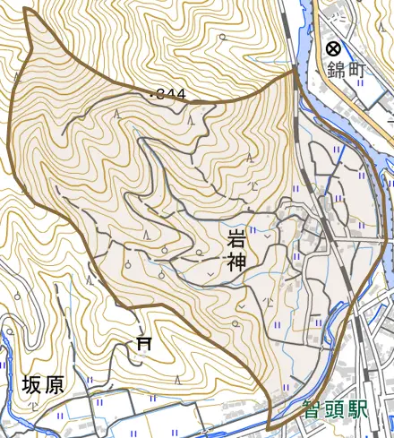 大字岩神とその周辺の地図。町の範囲を重ねている