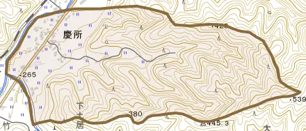 大字慶所とその周辺の地図。町の範囲を重ねている
