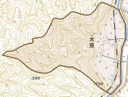 大字木原とその周辺の地図。町の範囲を重ねている