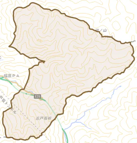 大字駒帰とその周辺の地図。町の範囲を重ねている