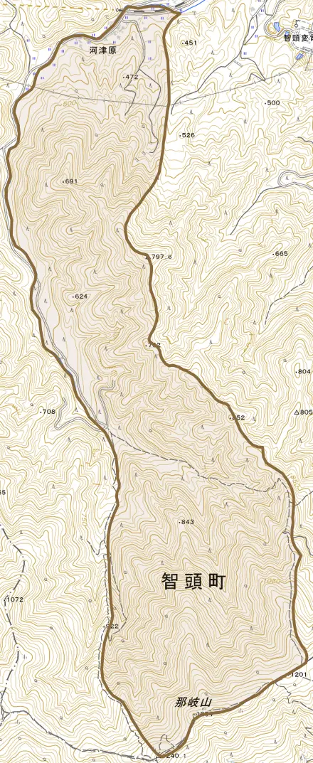 大字河津原とその周辺の地図。町の範囲を重ねている
