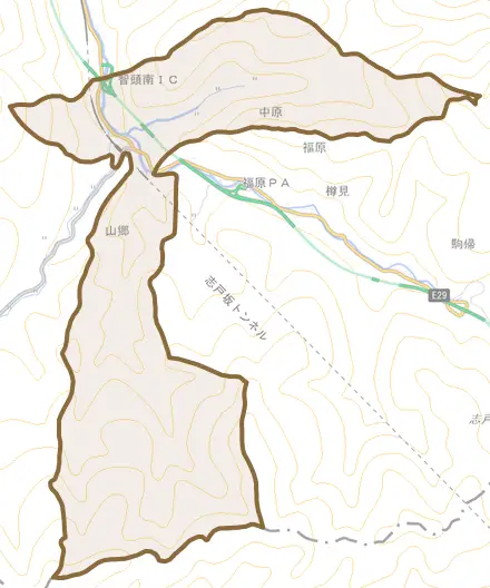 大字中原とその周辺の地図。町の範囲を重ねている