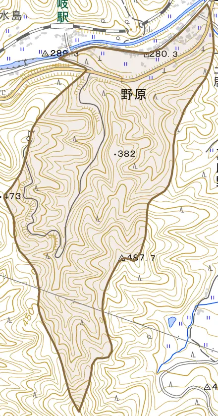 大字野原とその周辺の地図。町の範囲を重ねている