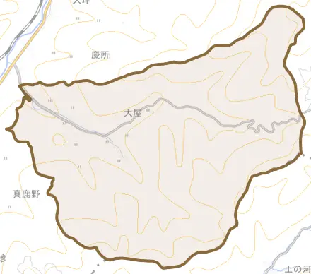 大字大屋とその周辺の地図。町の範囲を重ねている