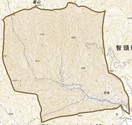 大字惣地とその周辺の地図。町の範囲を重ねている