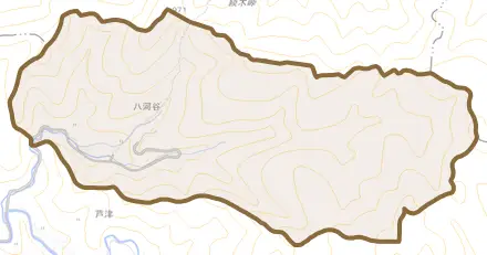 大字八河谷とその周辺の地図。町の範囲を重ねている