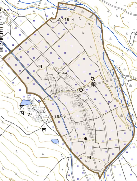 坊領とその周辺の地図。町の範囲を重ねている