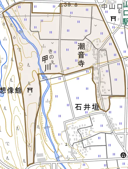 潮音寺とその周辺の地図。町の範囲を重ねている