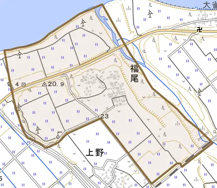 福尾とその周辺の地図。町の範囲を重ねている