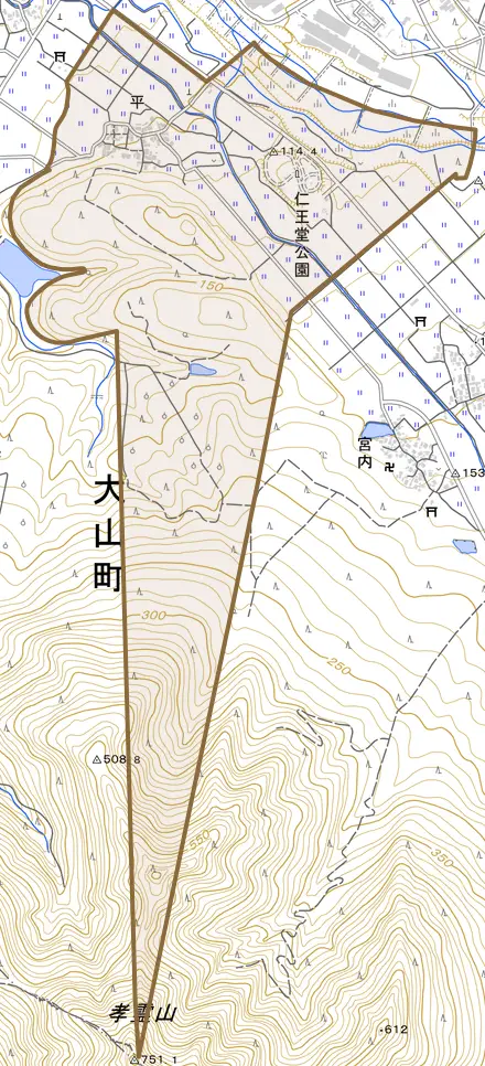 平とその周辺の地図。町の範囲を重ねている
