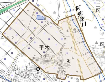 平木とその周辺の地図。町の範囲を重ねている