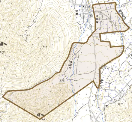 今在家とその周辺の地図。町の範囲を重ねている