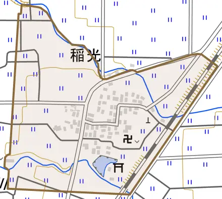 稲光とその周辺の地図。町の範囲を重ねている
