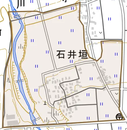 石井垣とその周辺の地図。町の範囲を重ねている