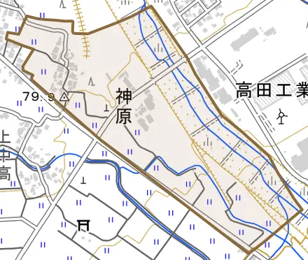 神原とその周辺の地図。町の範囲を重ねている