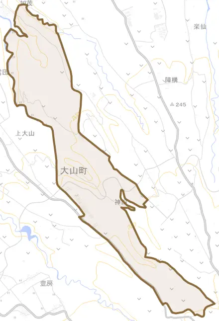 加茂とその周辺の地図。町の範囲を重ねている