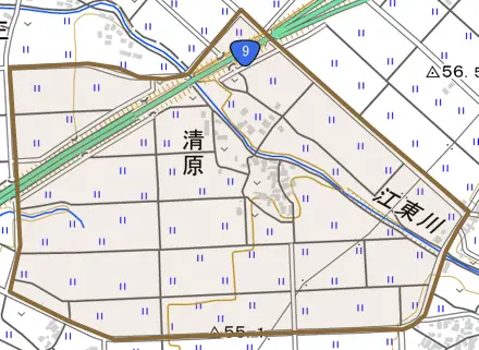 清原とその周辺の地図。町の範囲を重ねている