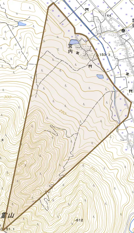宮内とその周辺の地図。町の範囲を重ねている