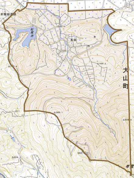 長田とその周辺の地図。町の範囲を重ねている