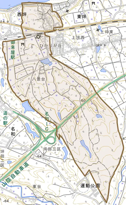 西坪とその周辺の地図。町の範囲を重ねている