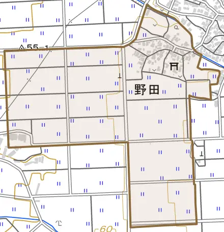 野田とその周辺の地図。町の範囲を重ねている